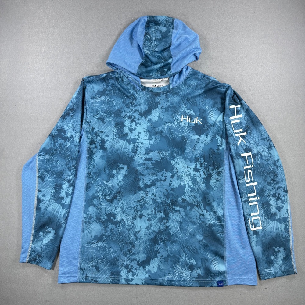Huk Hoodie Mens 2XL Blue Camo Fishing Performance Sun Shirt Long Sleeve UPF 50+